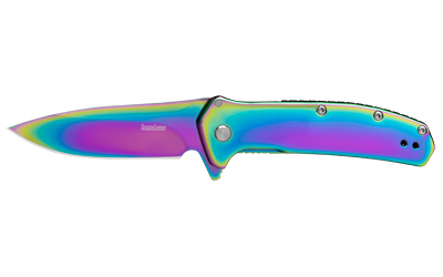 Iridescent rainbow folding pocket knife on white background