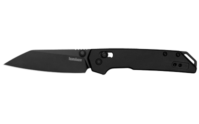 Black folding pocket knife on white background