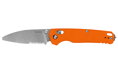 Orange-handled folding knife with serrated blade