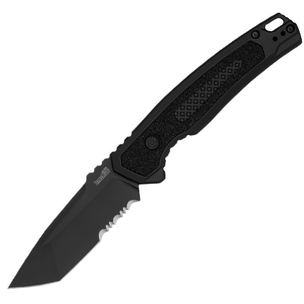 Black folding knife with partially serrated blade