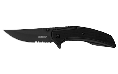Black folding knife with partially serrated blade