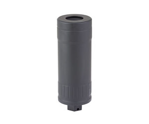 Black cylindrical metal suppressor on white background