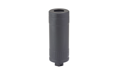 Black cylindrical metal suppressor on white background