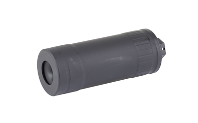 Gray cylindrical firearm suppressor on white background