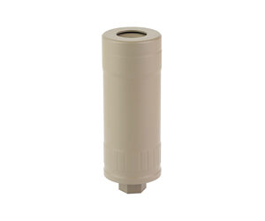 Tan cylindrical firearm suppressor on white background