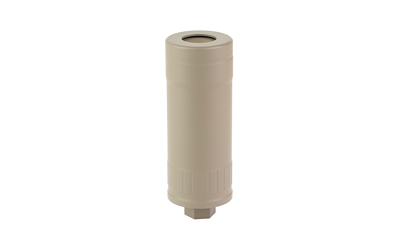 Tan cylindrical firearm suppressor on white background