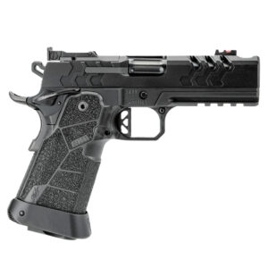 Side view of a modern black handgun.