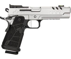 Side view of a silver and black handgun.