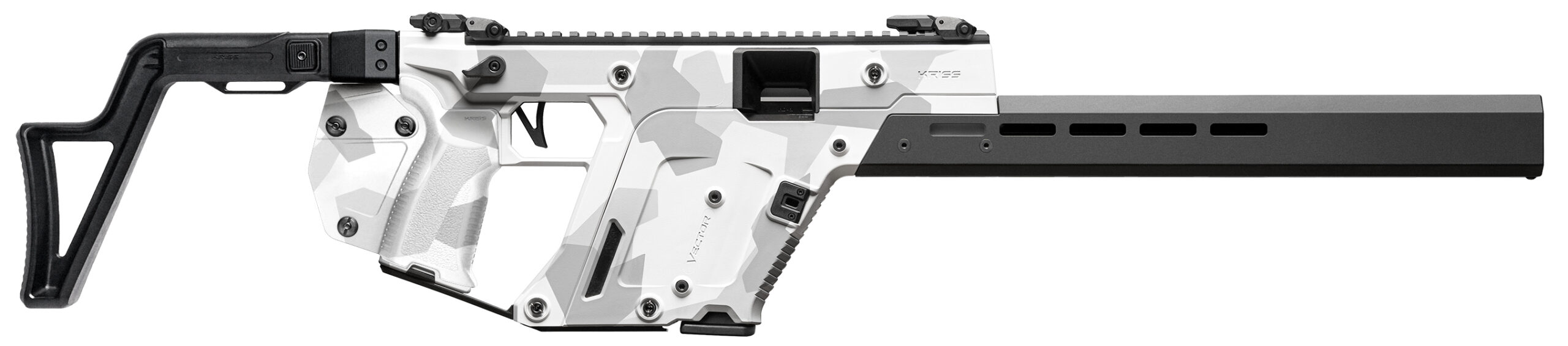 White camouflaged firearm with adjustable stock.