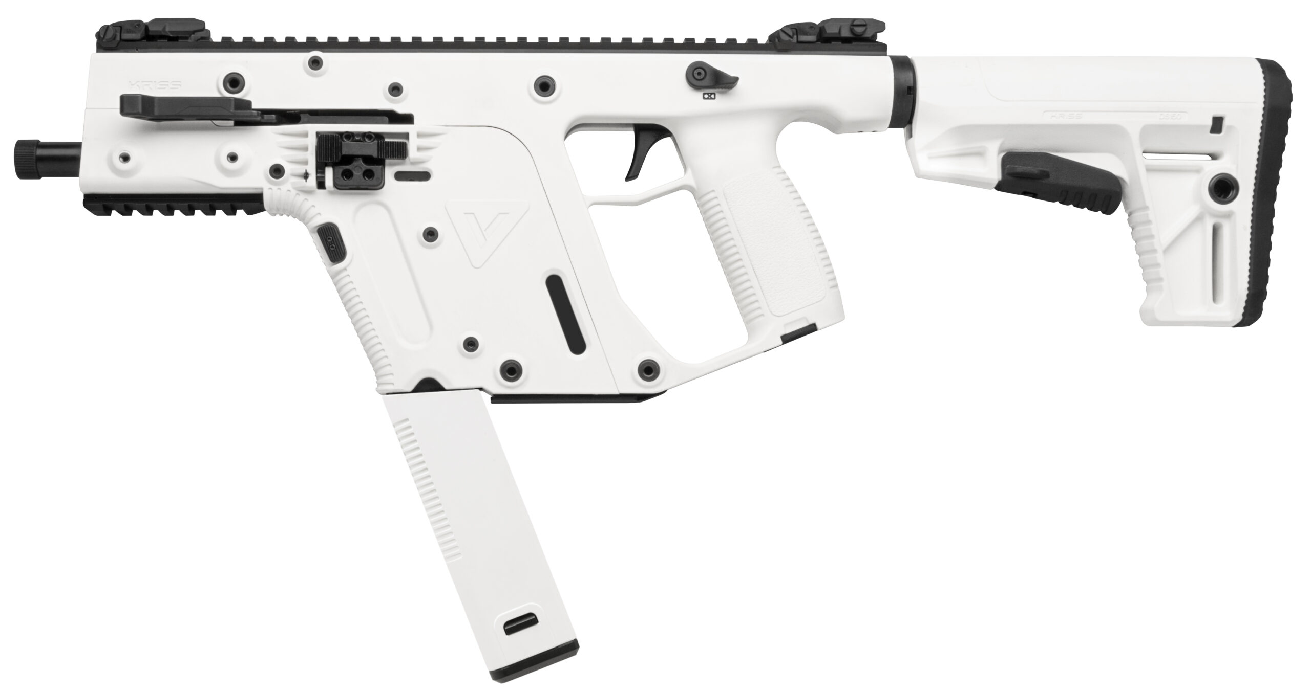 White KRISS Vector submachine gun with extended magazine