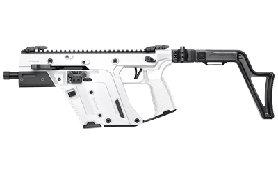 White tactical rifle with black folding stock