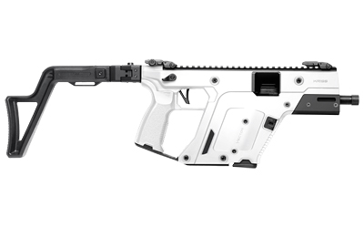 White and black modern rifle with folding stock