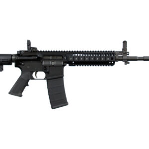 Black rifle with tactical features and attachments.