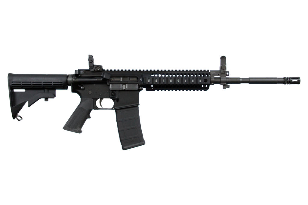 Black rifle with tactical features and attachments.