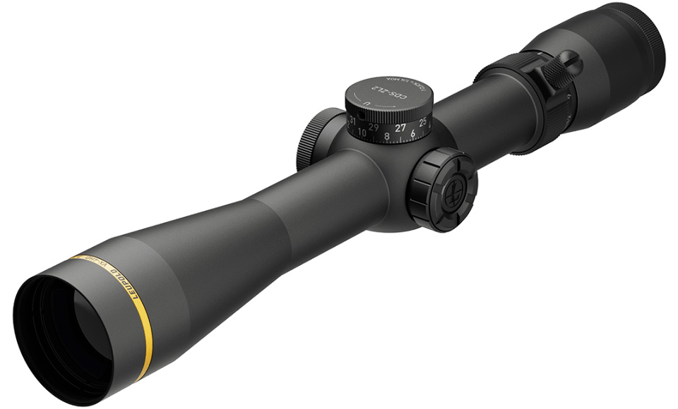Black riflescope with adjustment turrets on white background