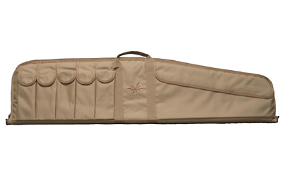 Tan padded rifle case with exterior pockets