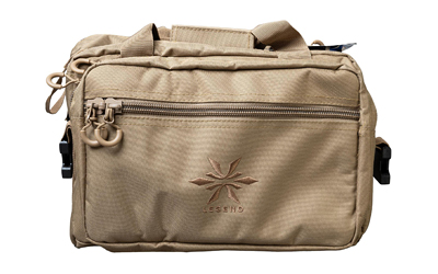 Tan tactical waist bag with multiple zippered compartments