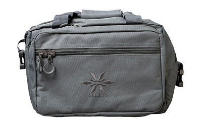 Gray zippered waist bag with multiple compartments