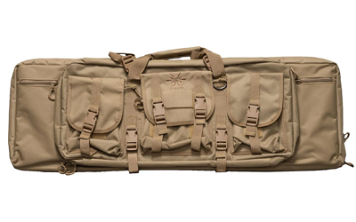 Tan tactical rifle case with multiple pockets