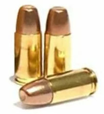 Three brass handgun cartridges with copper bullets