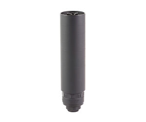 Black cylindrical firearm suppressor on white background