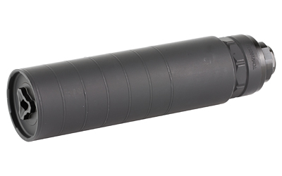 Black cylindrical firearm suppressor on white background