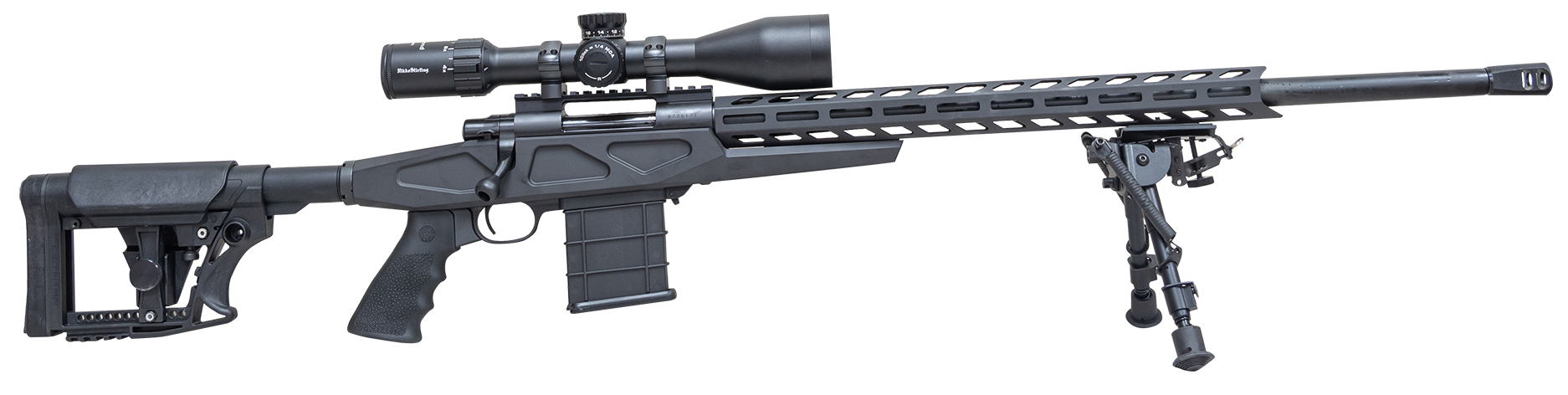 Black sniper rifle with scope and bipod