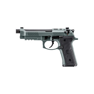 Side view of a green semi-automatic handgun.