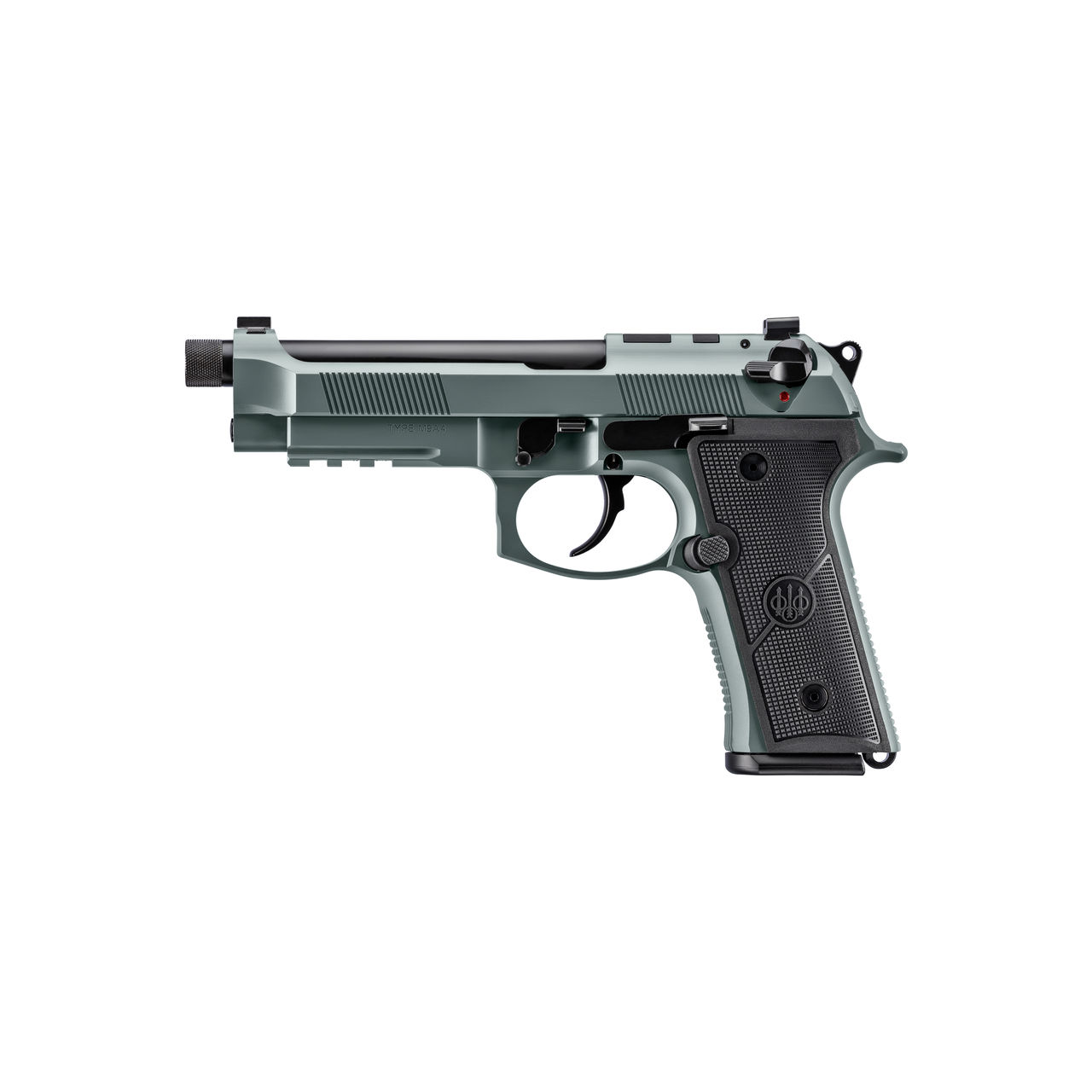 Side view of a green semi-automatic handgun.