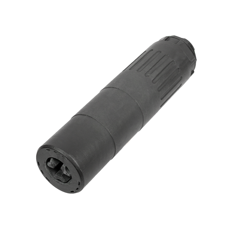 Black cylindrical firearm suppressor on white background