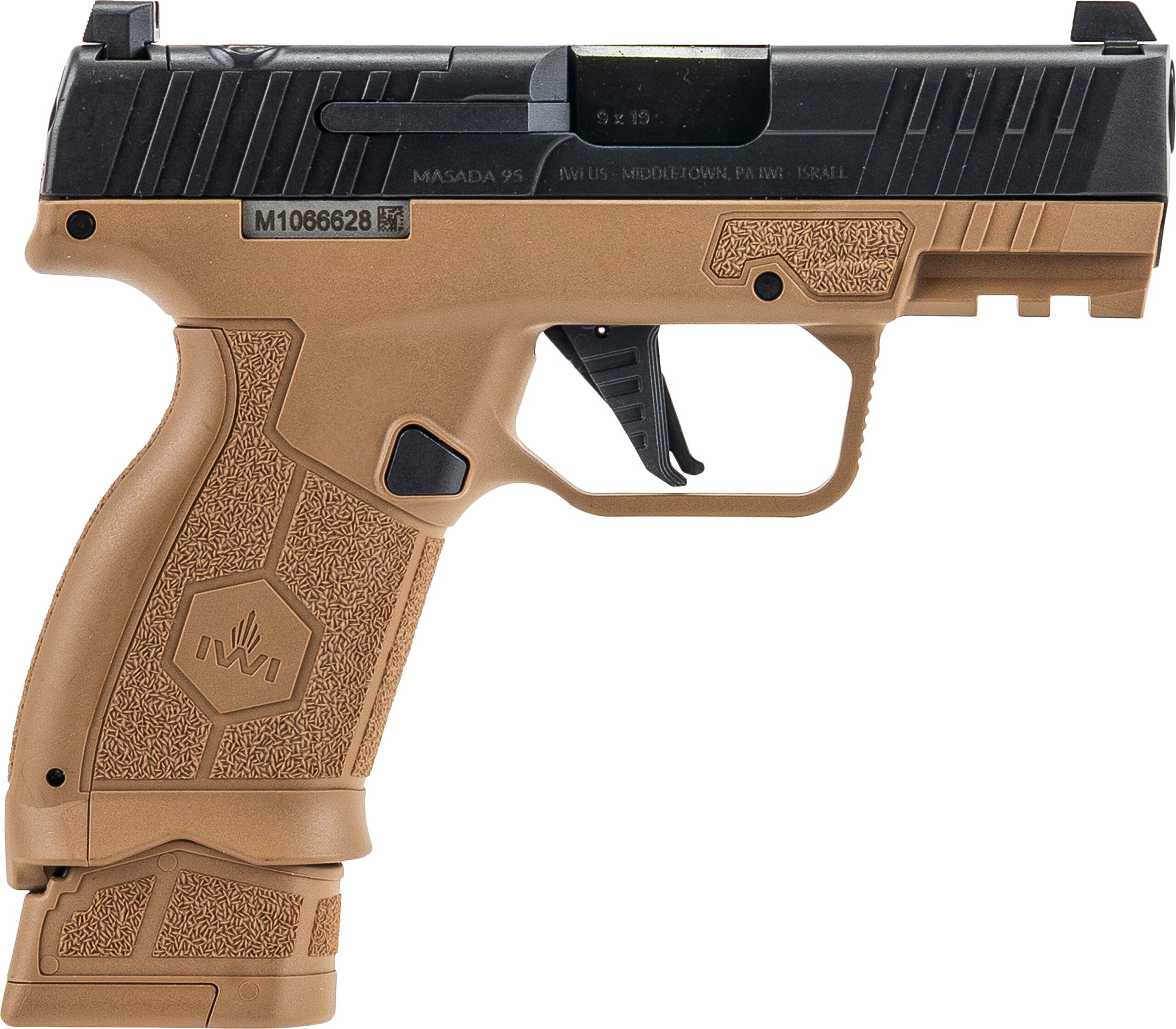 Tan handgun with textured grip and black slide.