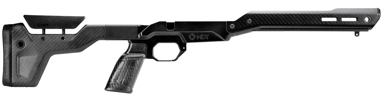 Black carbon fiber rifle chassis with adjustable stock
