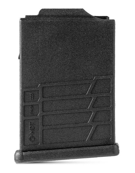 Black polymer rifle magazine on white background