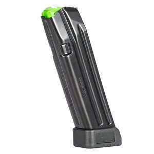 Black 9mm handgun magazine with green follower