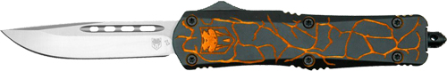 Folding knife with gray blade and orange patterned handle