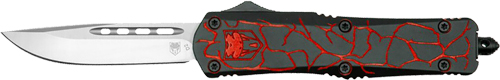 Black and red tactical knife with silver blade