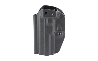 Black polymer handgun holster on white background