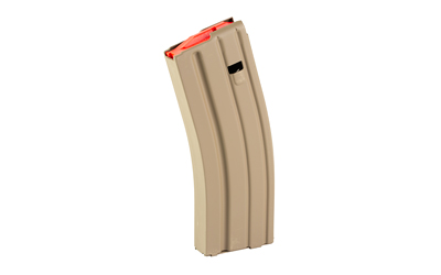 Tan rifle magazine with red follower