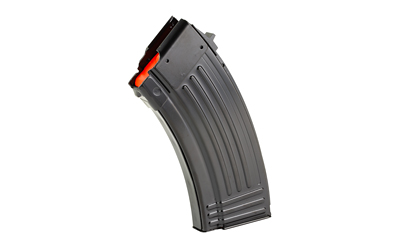 Curved black rifle magazine on white background