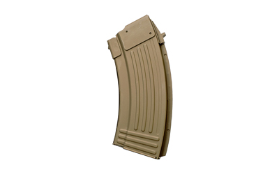Tan curved rifle magazine on white background