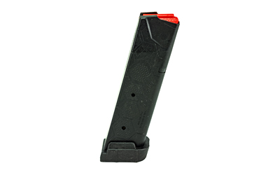 Black handgun magazine with red follower
