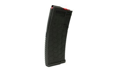 Black curved rifle magazine with textured grip