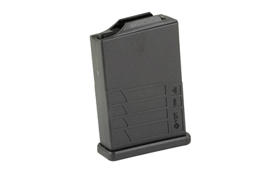 Black detachable rifle magazine on white background