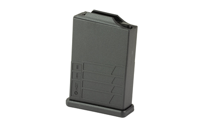 Black detachable rifle magazine on white background
