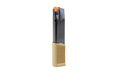 Handgun magazine with tan baseplate on white background