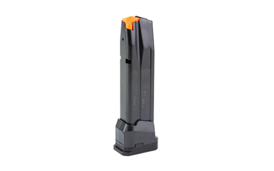 Black extended handgun magazine with orange follower