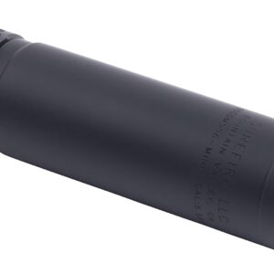 Black cylindrical firearm suppressor on white background