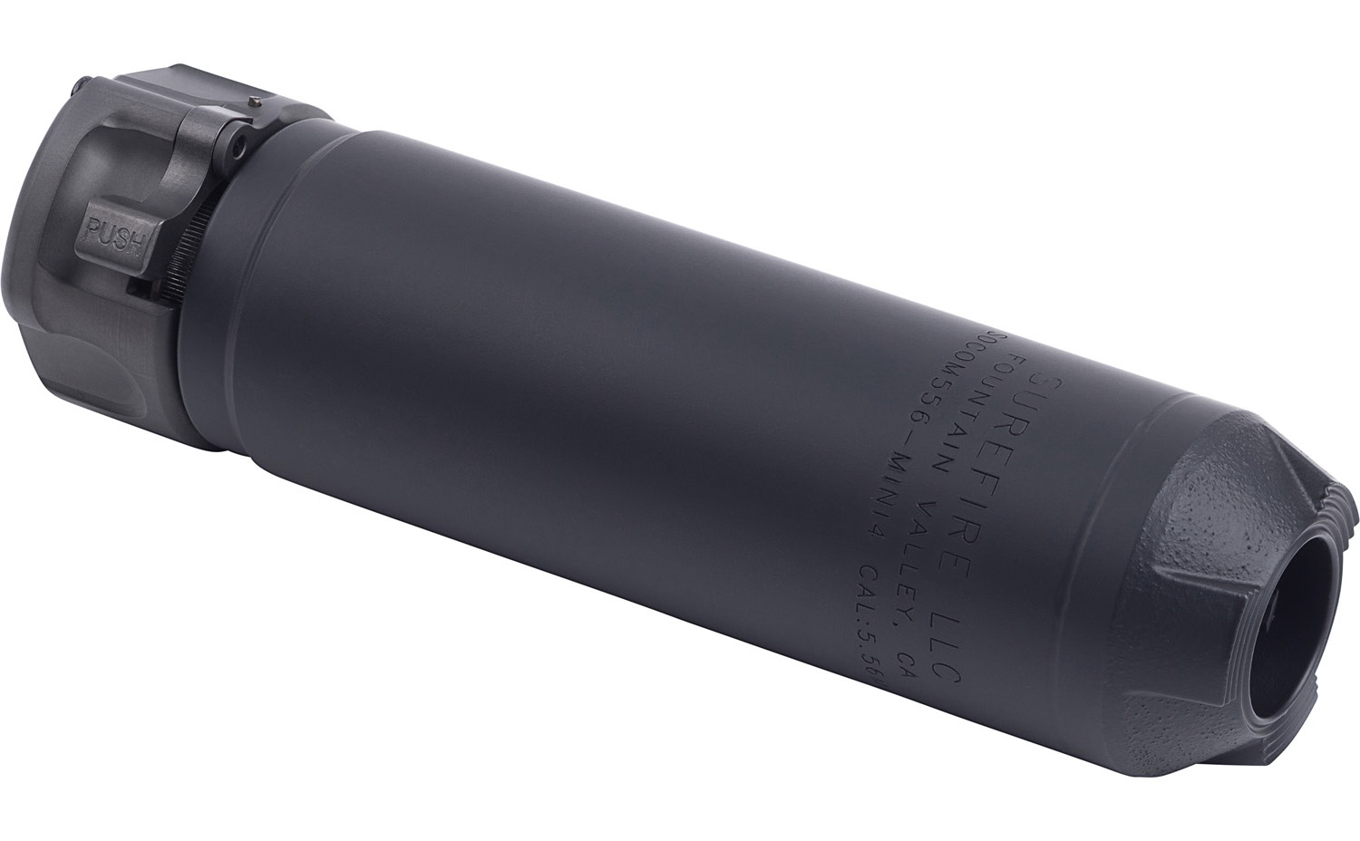 Black cylindrical firearm suppressor on white background