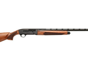 Side view of a shotgun with wooden stock.