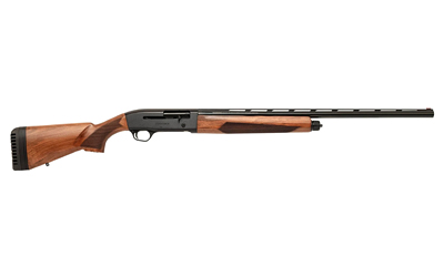 Side view of a shotgun with wooden stock.